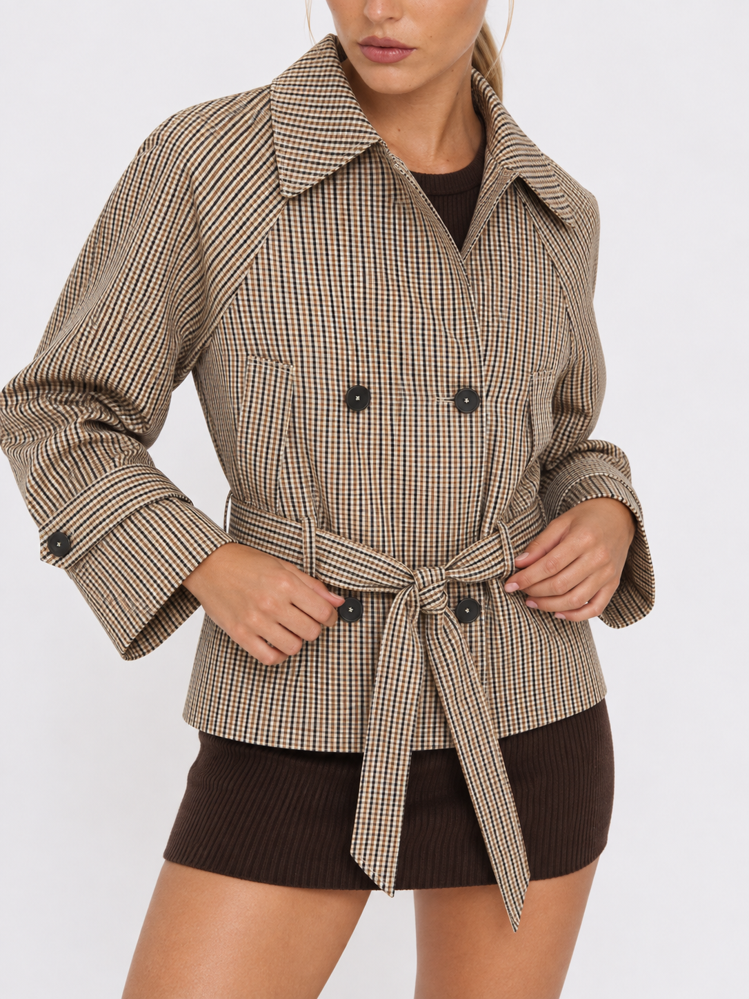Women's Checked Belted Short Trench Jacket BRUYÈRE