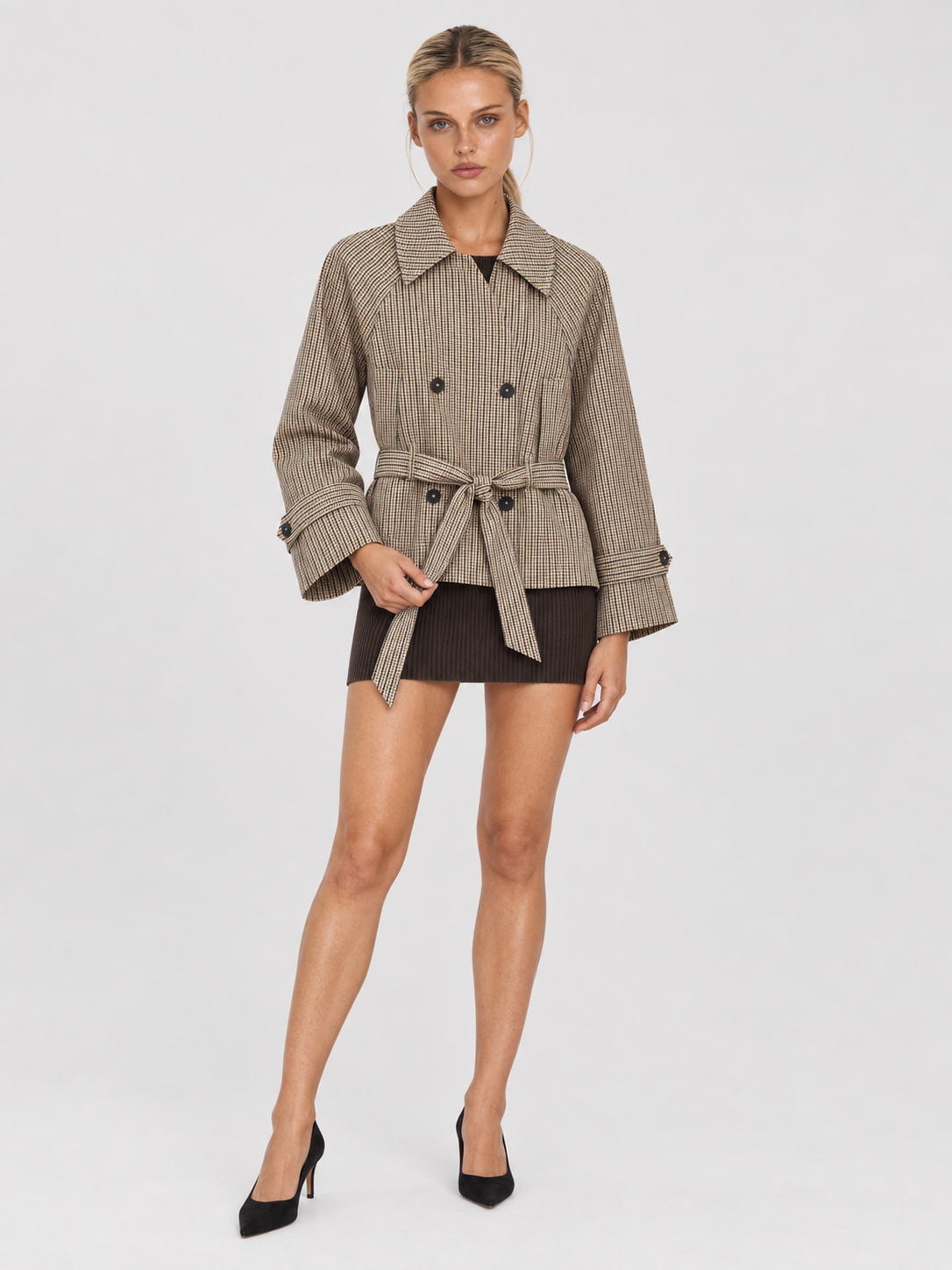 Women's Checked Belted Short Trench Jacket BRUYÈRE