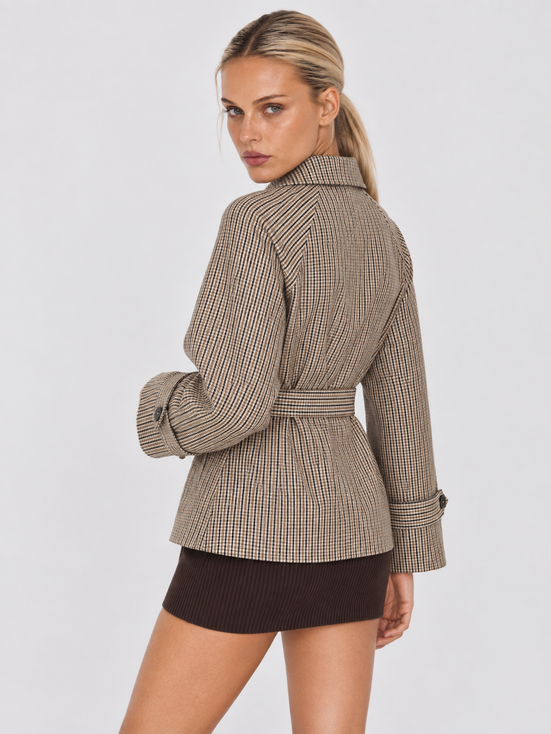 Women's Checked Belted Short Trench Jacket BRUYÈRE