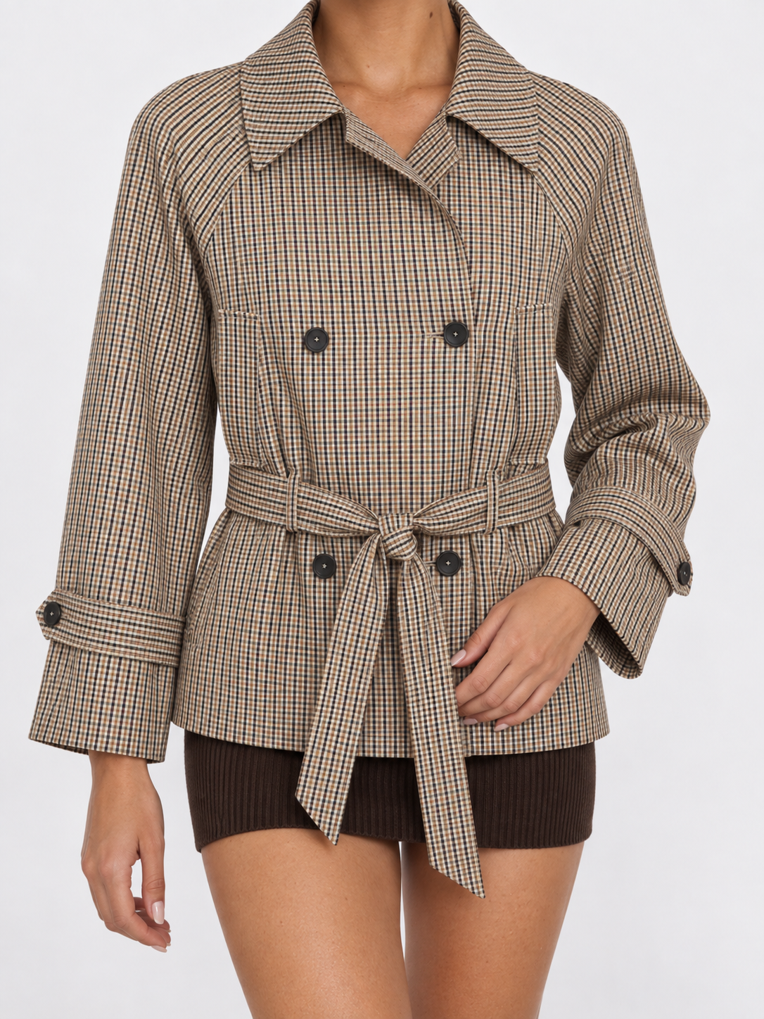 Women's Checked Belted Short Trench Jacket BRUYÈRE