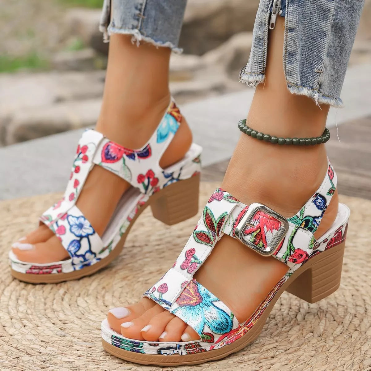 Floral Print Buckle Ankle Strap Block Heel Sandals