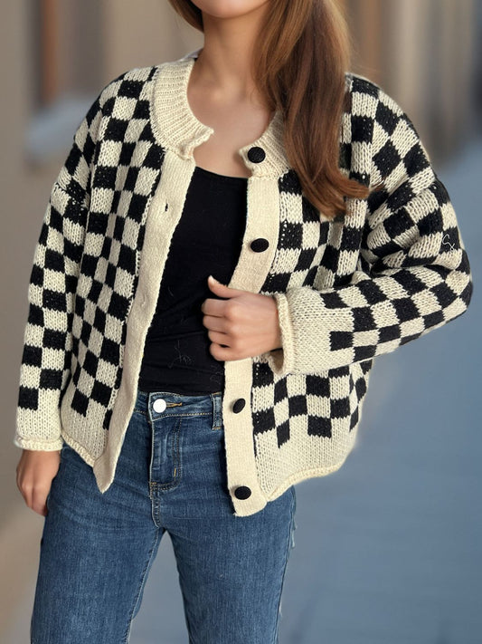 Checkered Button Up Round Neck Cardigan Black One Size