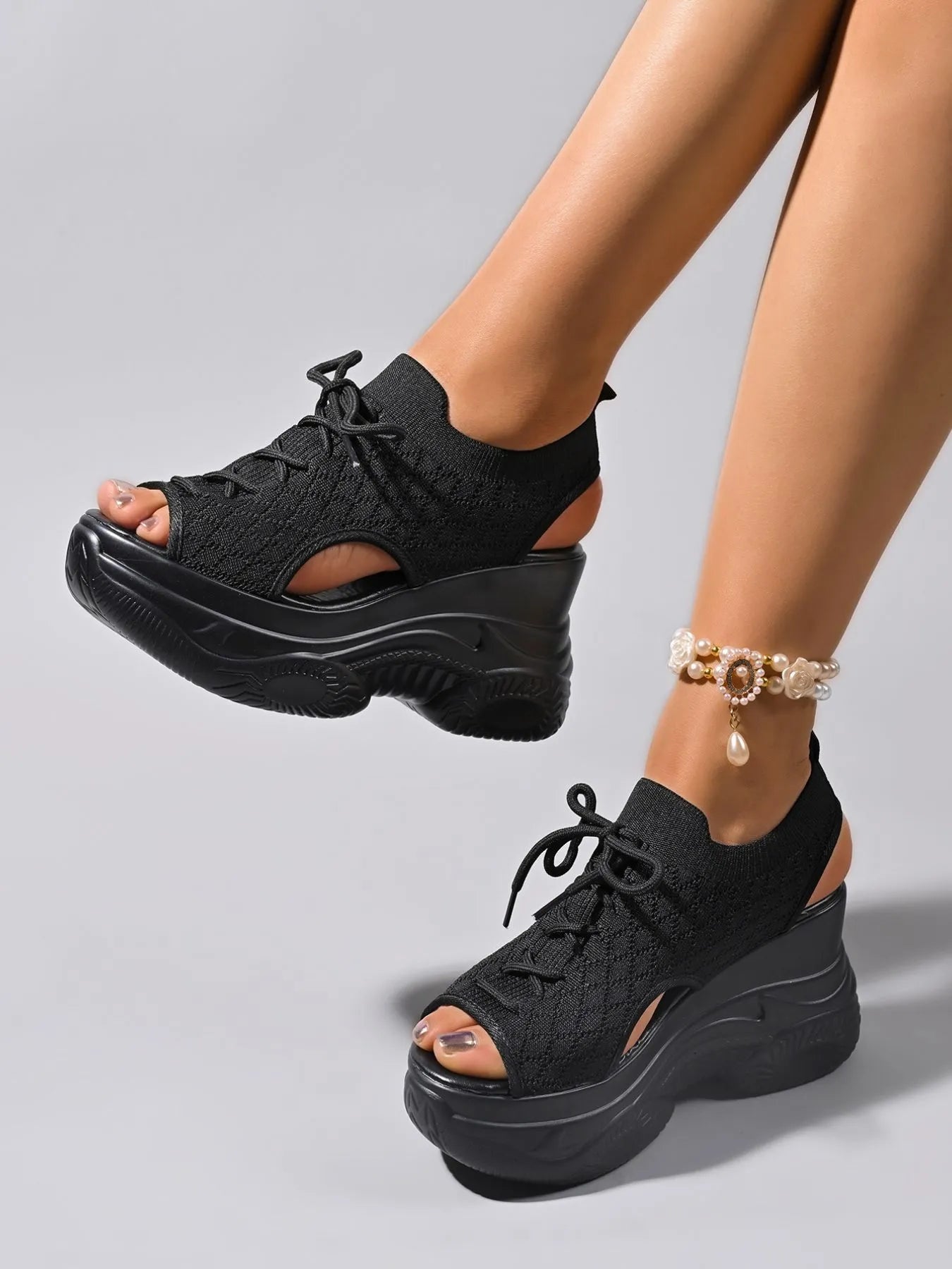 Lace-Up Cutout Platform Wedge Sandals – Bold, Elevated Look