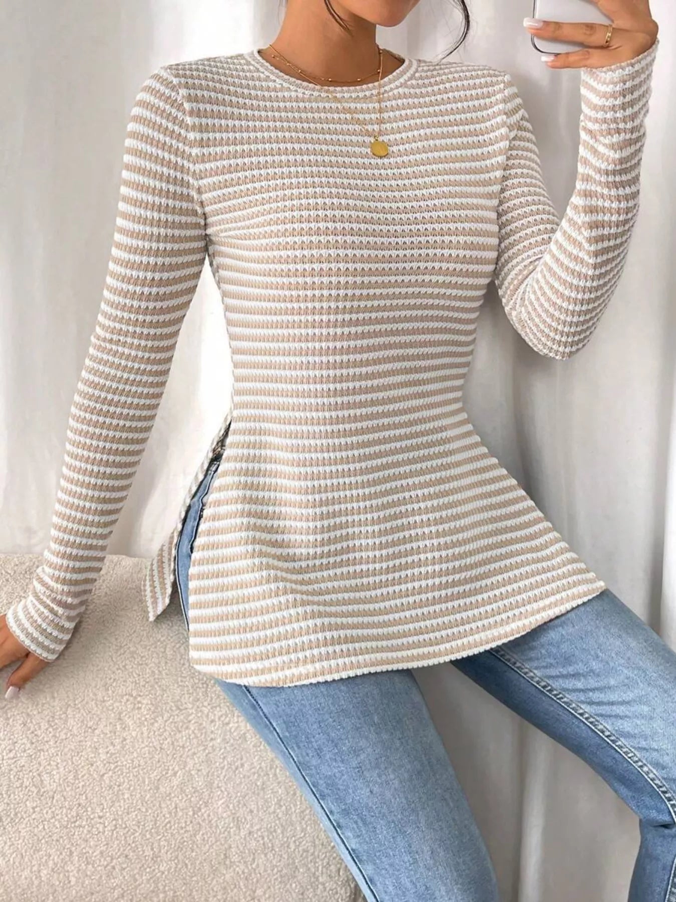 Slit Striped Long Sleeve Casual T-Shirt
