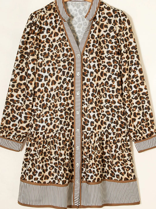 Leopard Print Striped Patchwork 3/4 Sleeve Loose Mini Dress