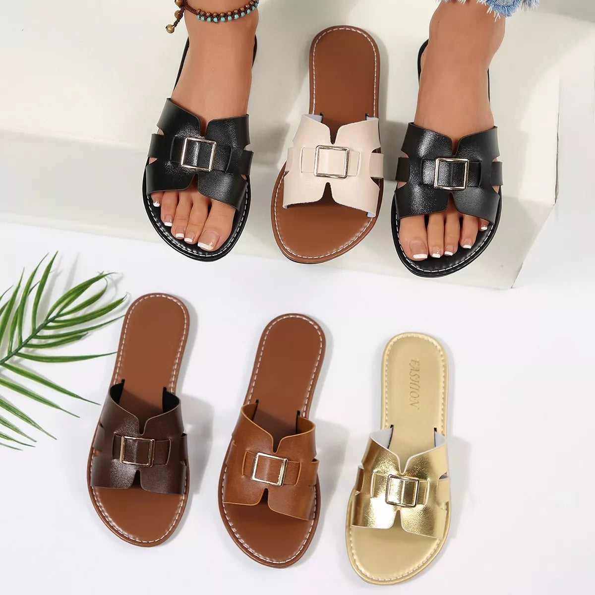Women's Slide Sandals - Elegant Buckle