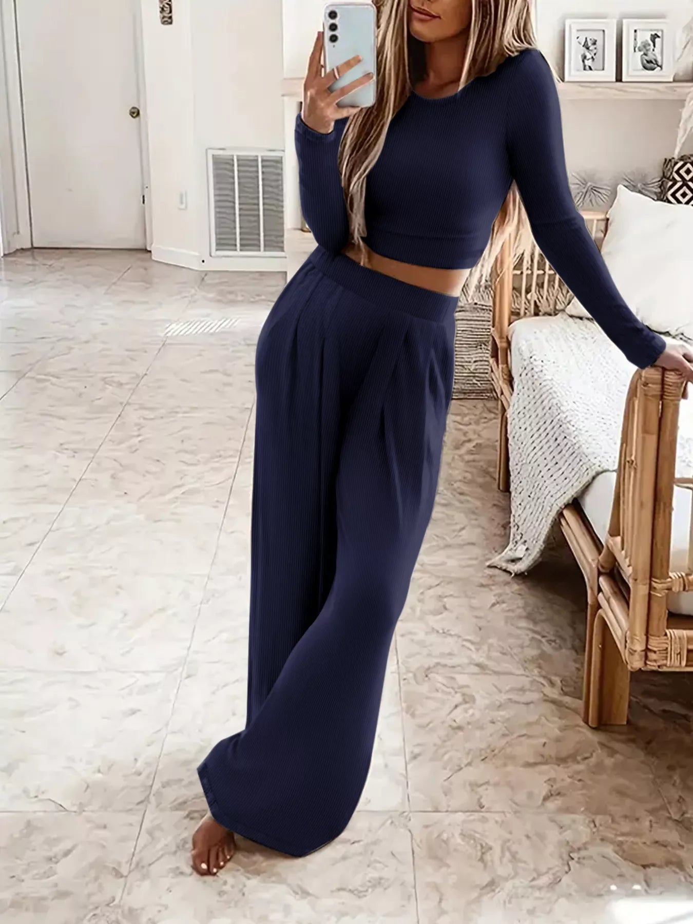 Casual Long Sleeve Crop Top and Wide Leg Pants Set