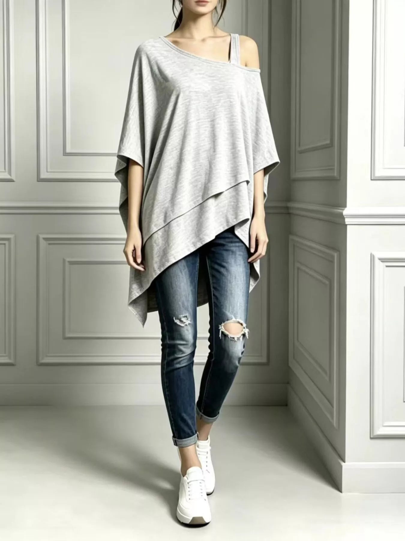Plus Size Asymmetrical Neck Short Sleeve T-Shirt Plus Size Light Gray