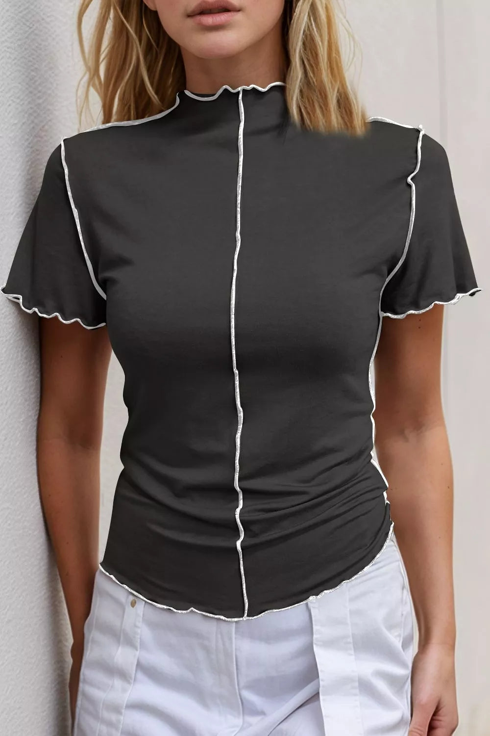 Basic Bae Mock Neck Wave Edge Contrast Stitching Ruffle Short Sleeve Tee Black