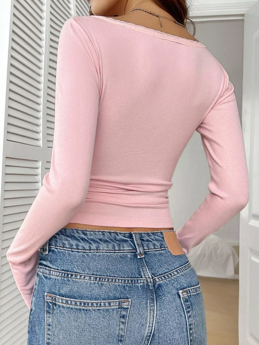 Ribbed Knit Lace Trim Long Sleeve T-Shirt