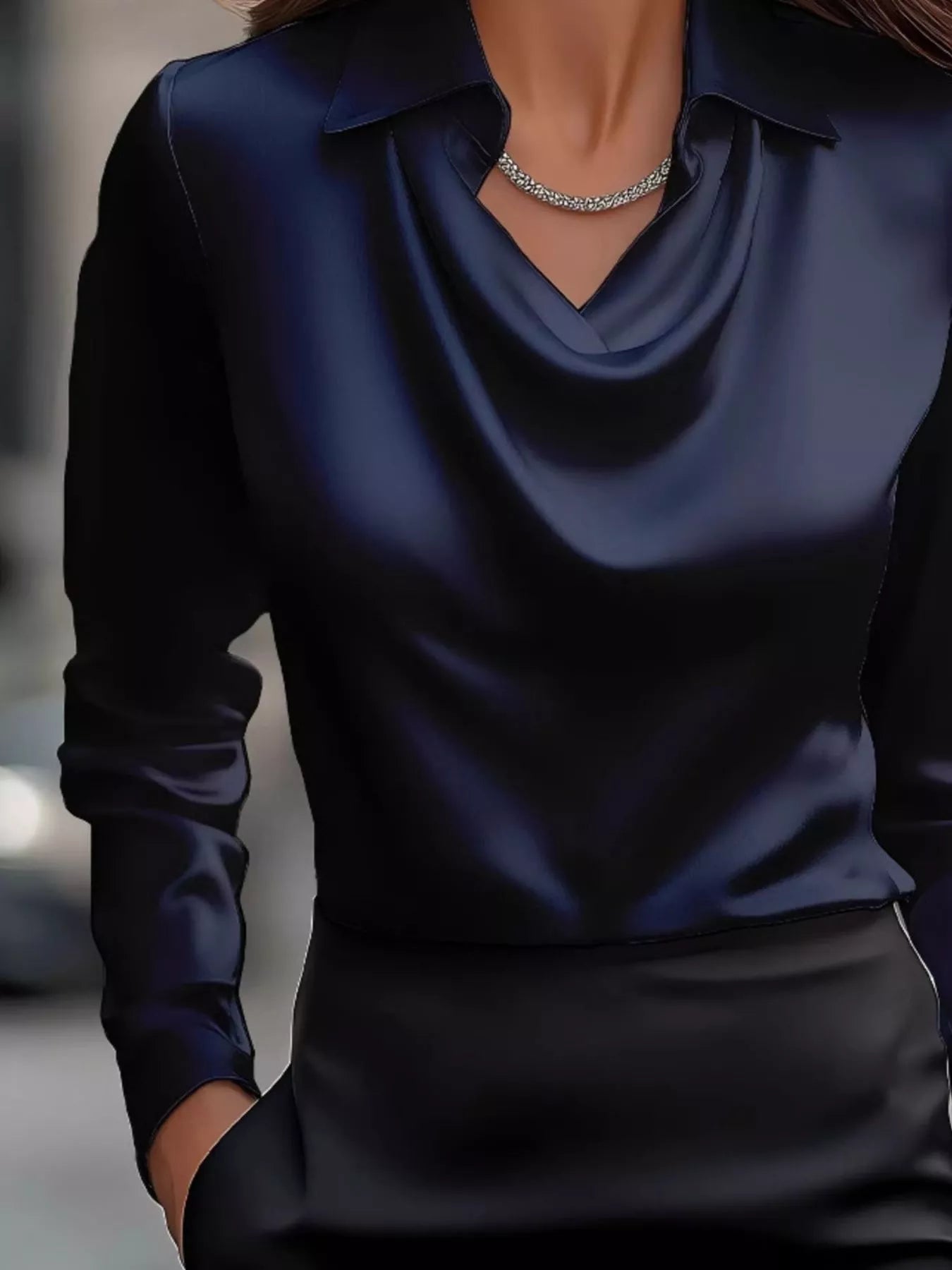 Shiny Satin Cowl Neck Long Sleeve Blouse - Inclusive Sizing