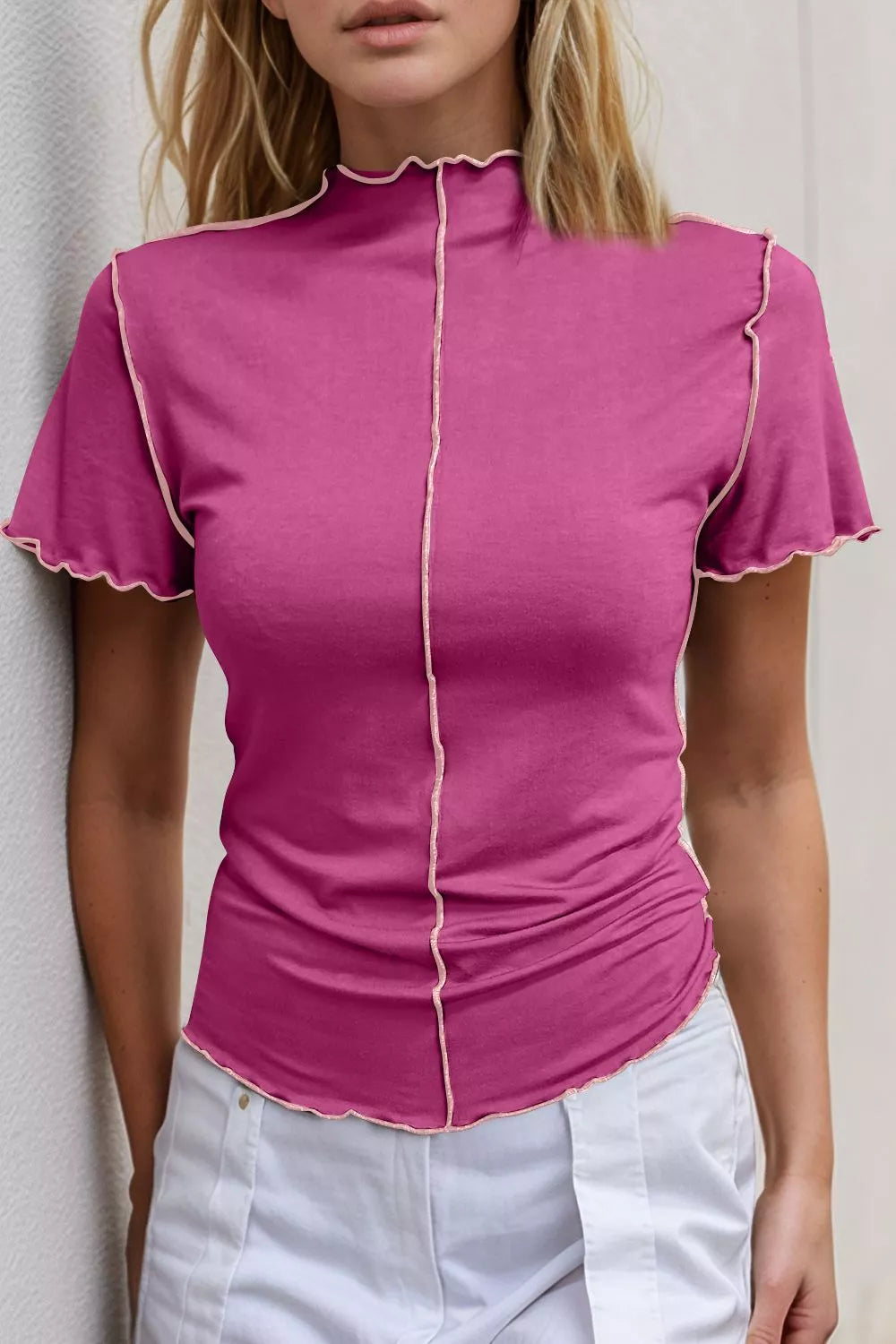 Basic Bae Mock Neck Wave Edge Contrast Stitching Ruffle Short Sleeve Tee