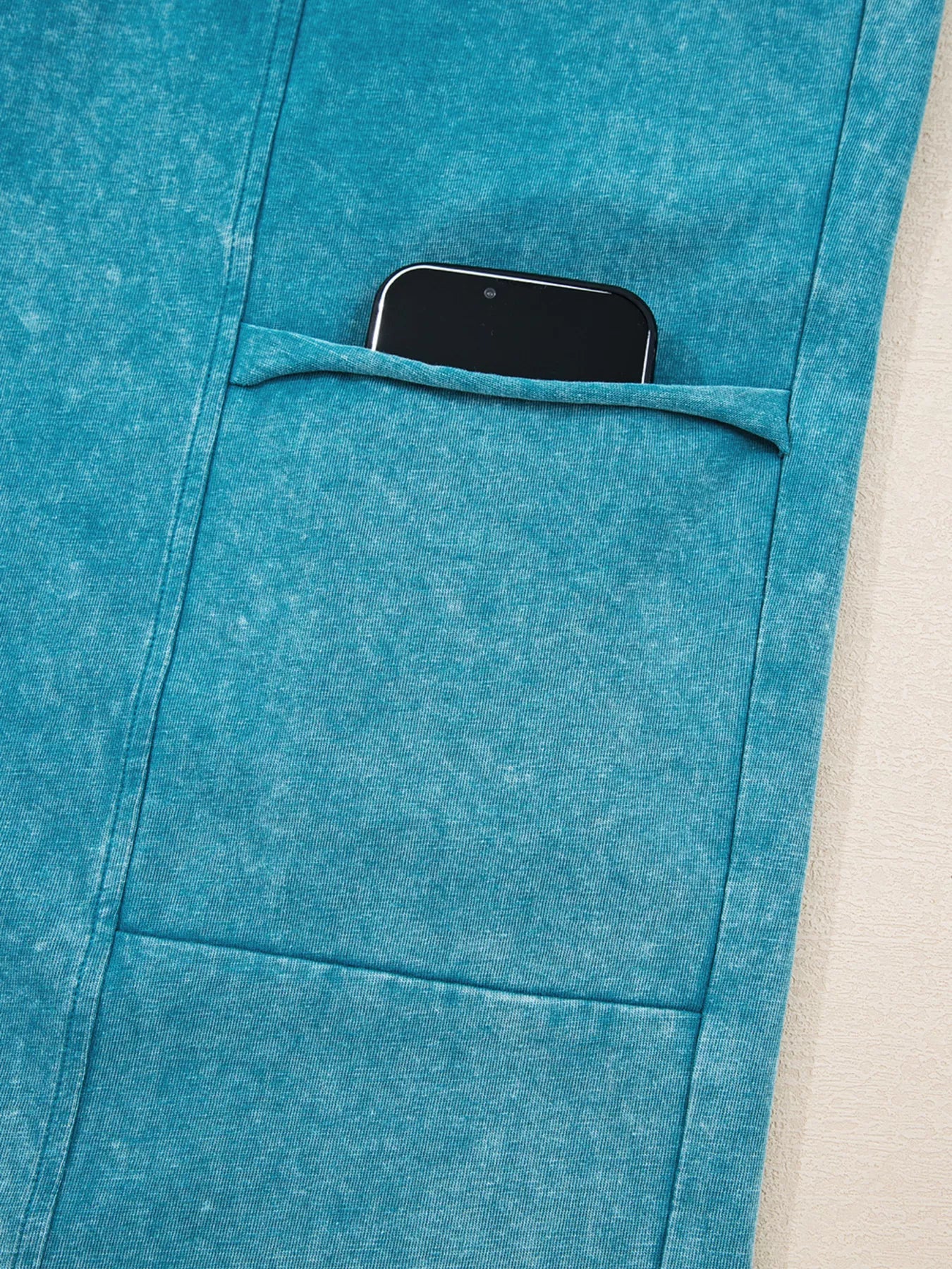 Women’s Teal Mineral Wash High Waist Pants – Relaxed Fit Patched Pocket Denim Trousers