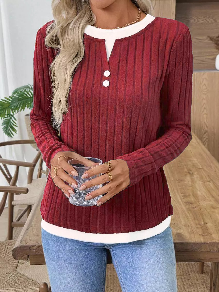 Ribbed Knit Long Sleeve Fake Two-Piece T-Shirt