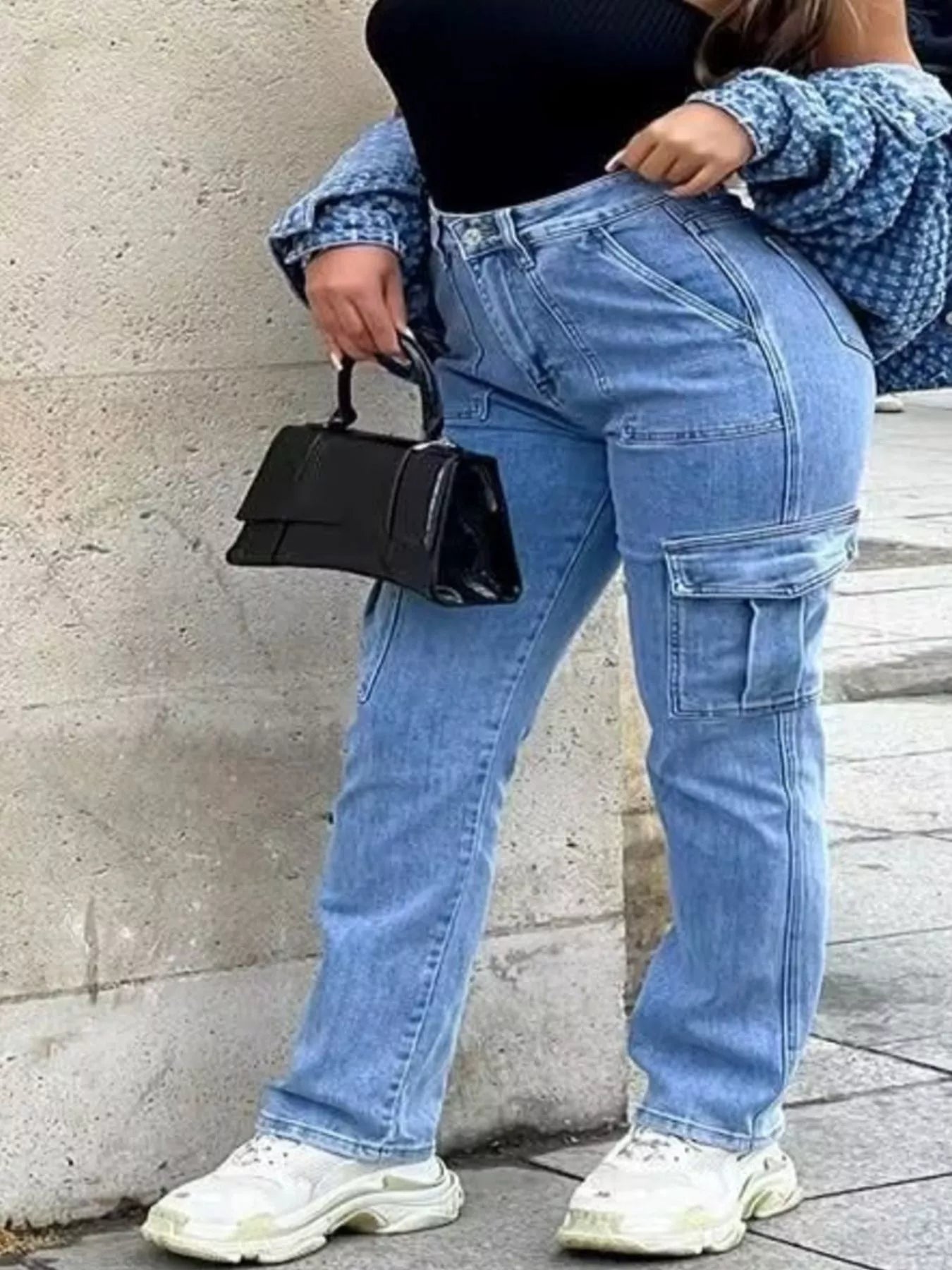 Light Wash Cargo Jeans with Multiple Pockets - Inclusive Sizing