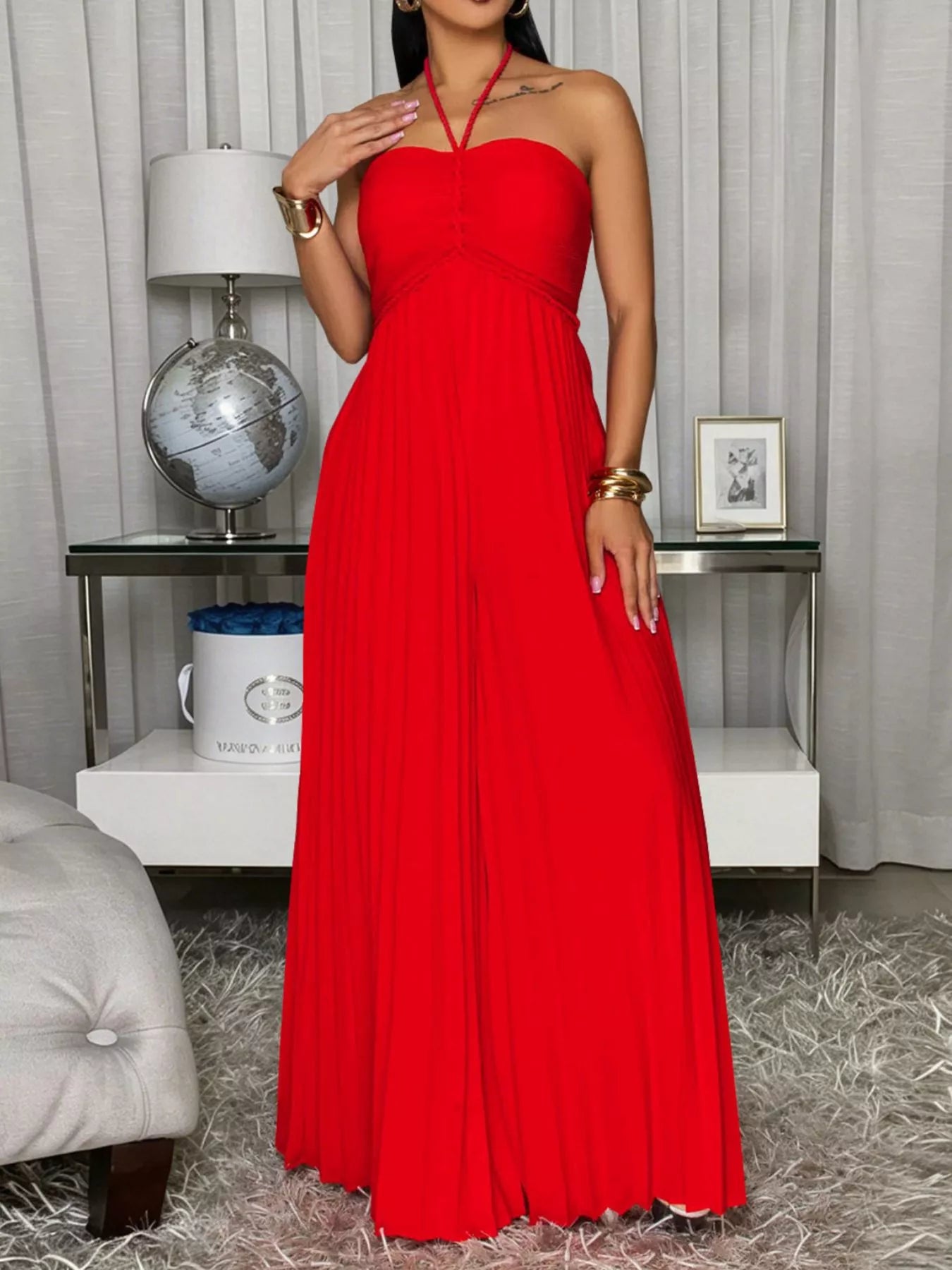 Pleated Halter Neck Wide Leg Jumpsuit