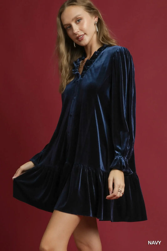 Navy Velvet Ruffle Trim Mini Dress – Elegant Party Dress for Women