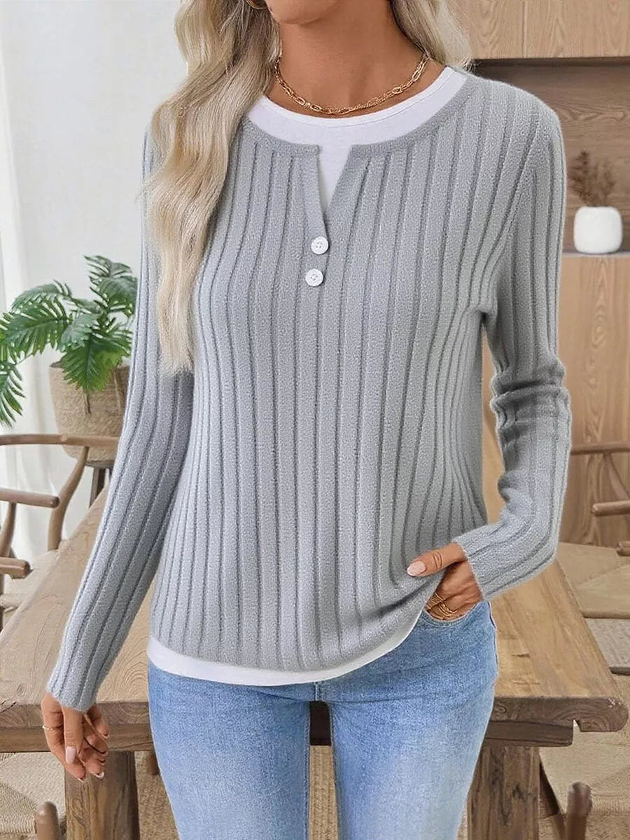 Ribbed Knit Long Sleeve Fake Two-Piece T-Shirt