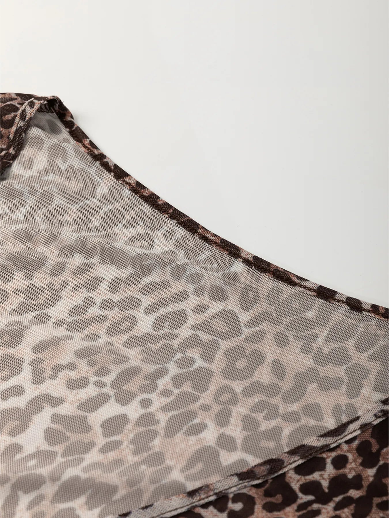 Leopard Sheer Mesh Long Sleeve V Neck Lace-Up Blouse
