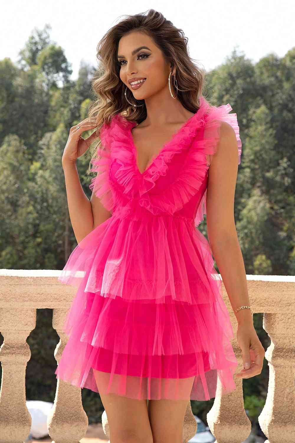 Hot Pink Ruffled V-Neck Sleeveless Mesh Dress