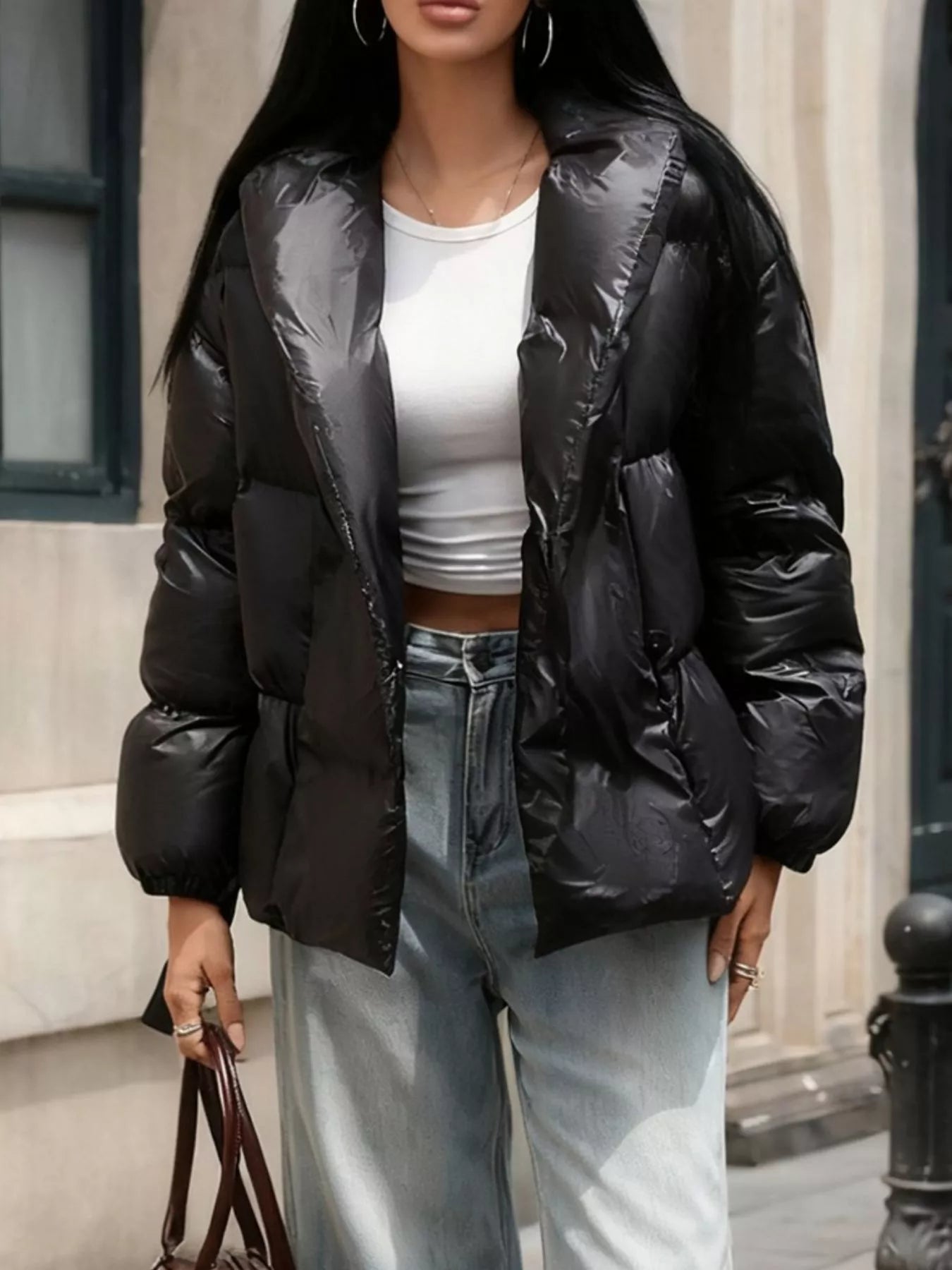 Silky Black Long Sleeve Belted Puffer Jacket