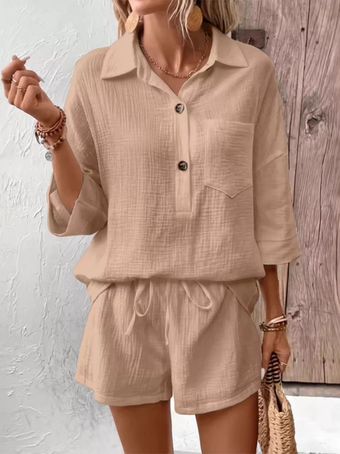 Button Detail Top and Shorts Set