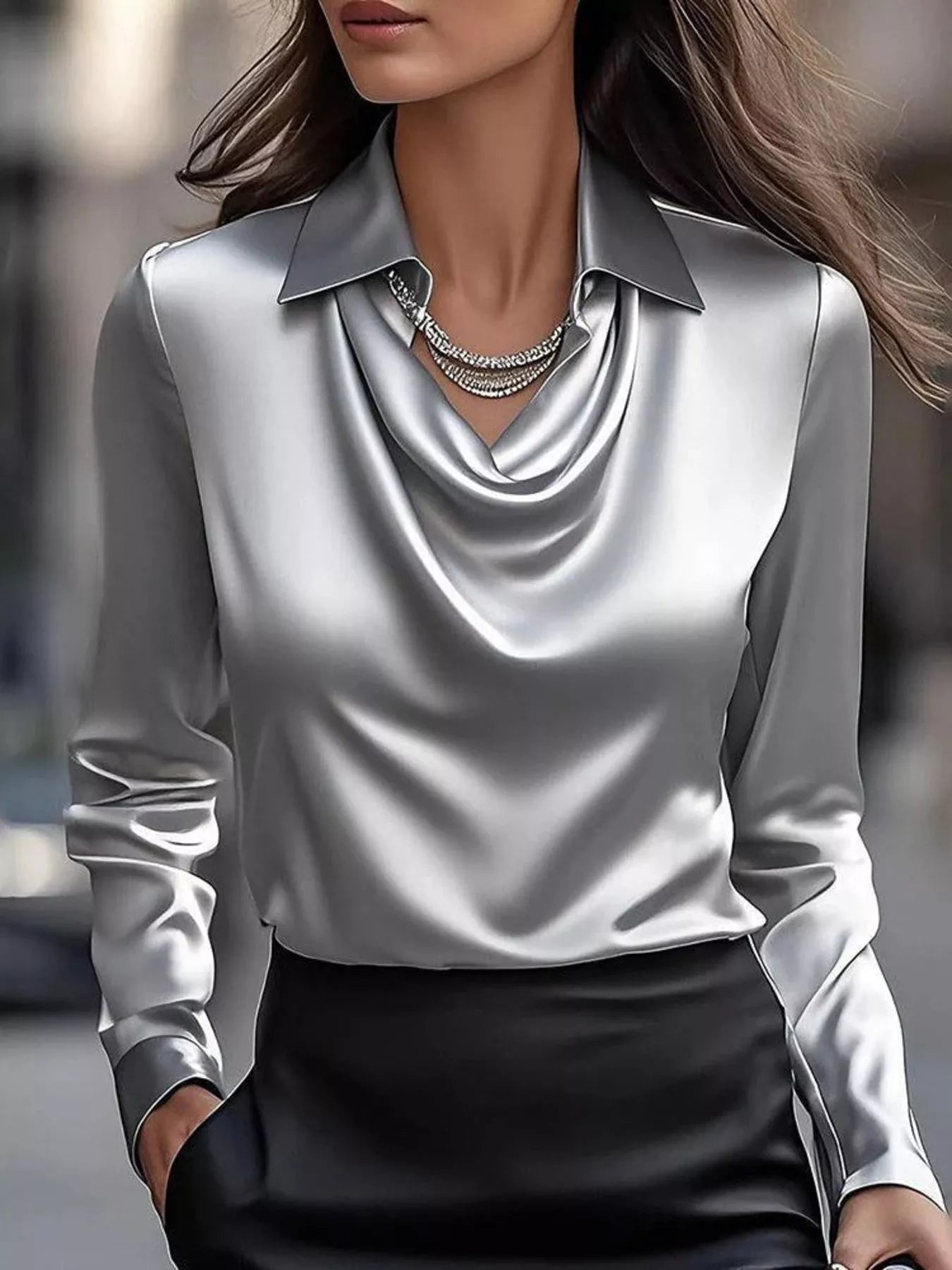 Shiny Satin Cowl Neck Long Sleeve Blouse - Inclusive Sizing