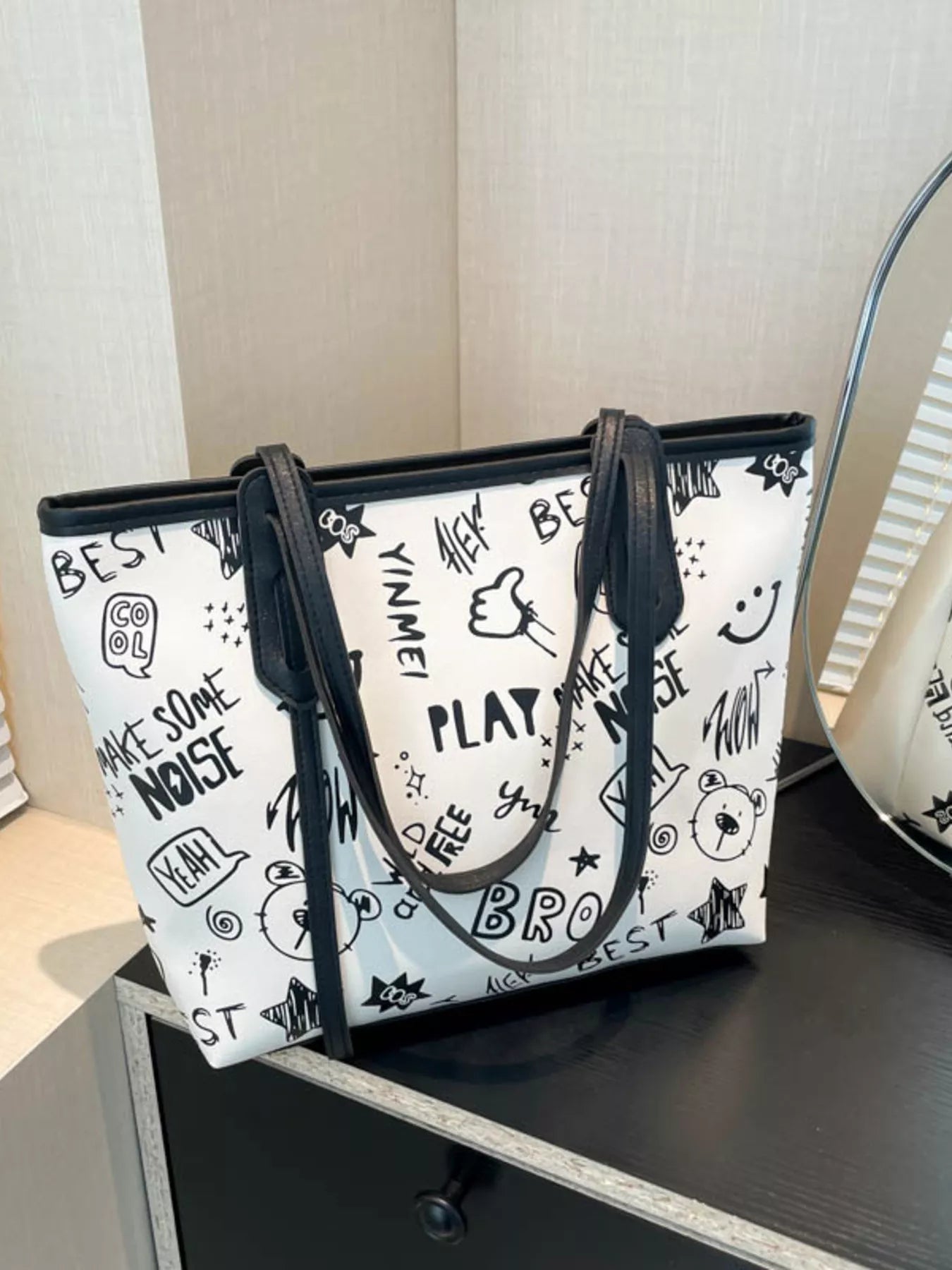 Trendy Graffiti Print Casual Tote Bag – Large Canvas Shoulder Bag for Women