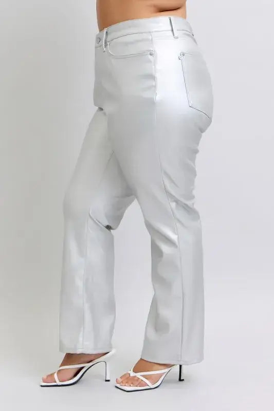 Silver Moon Full Size High Waist Silver Faux Leather Pants Plus Size