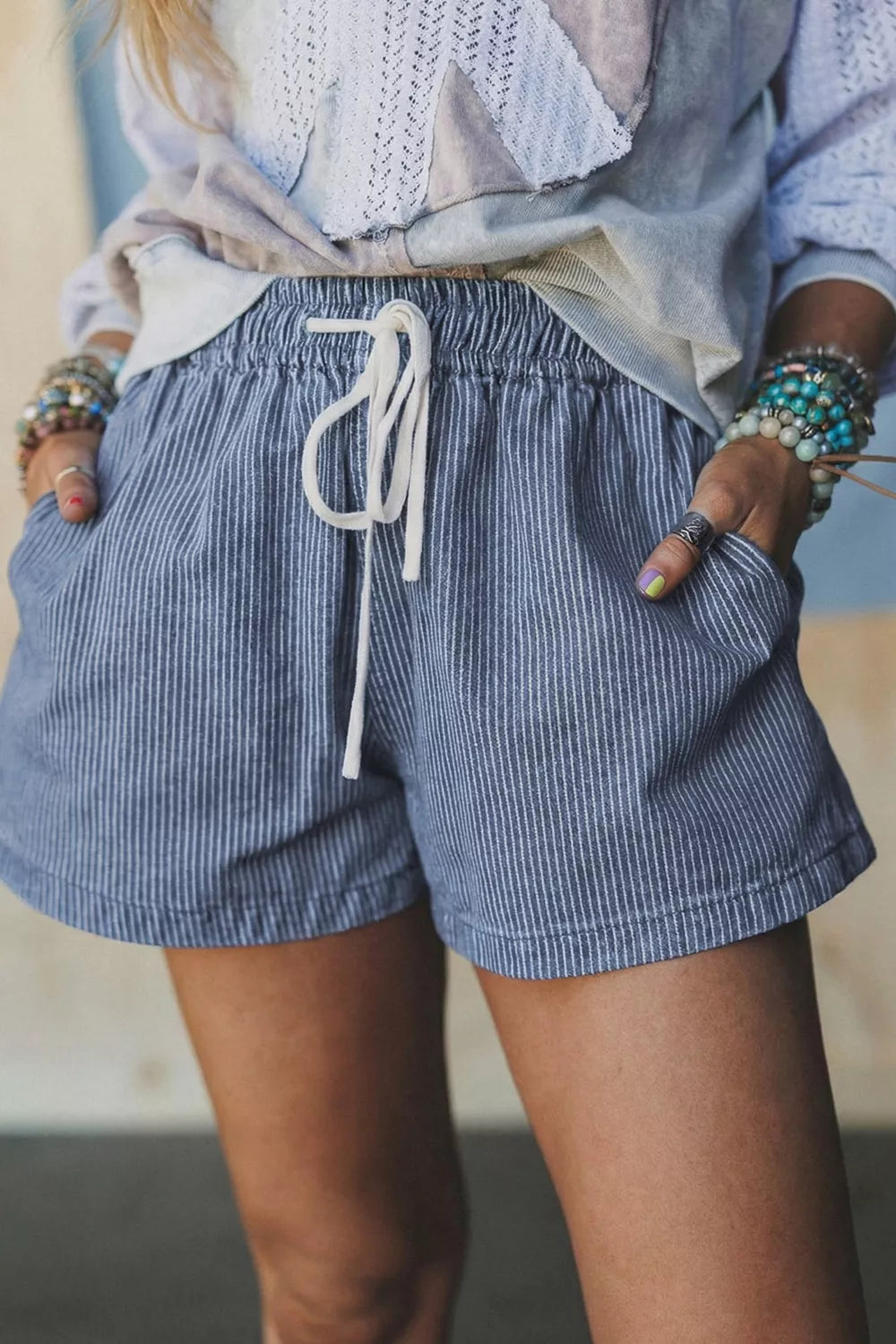 Drawstring Denim Shorts Striped
