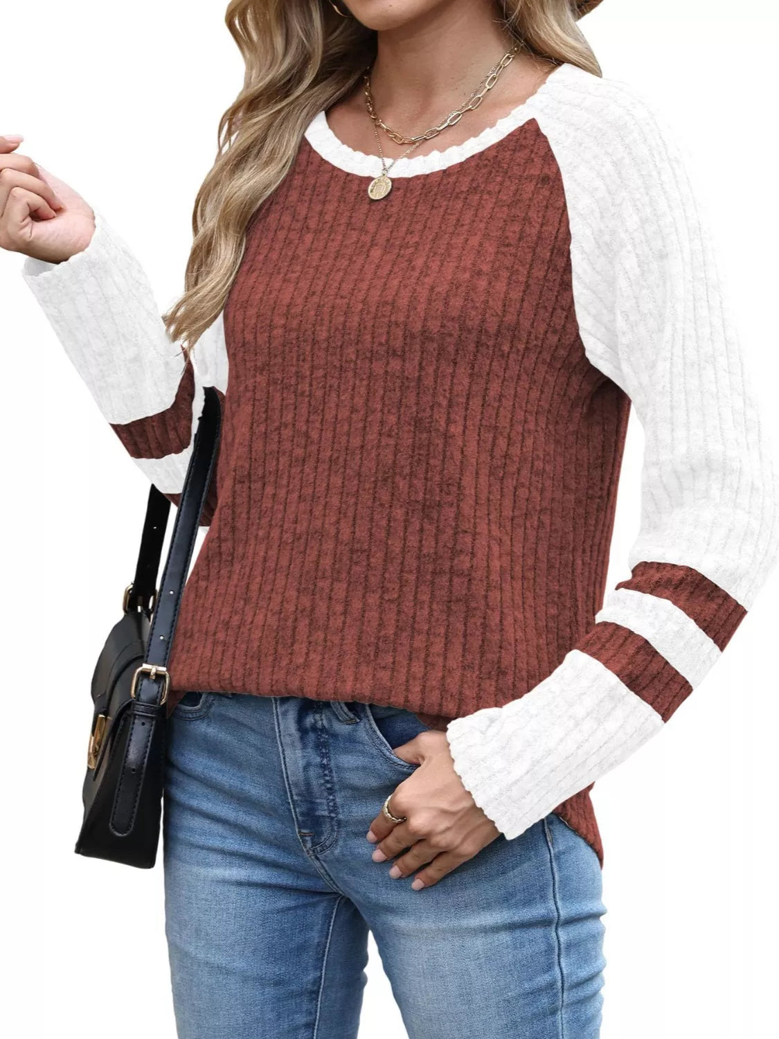 Ribbed Knit Raglan Long Sleeve T-Shirt
