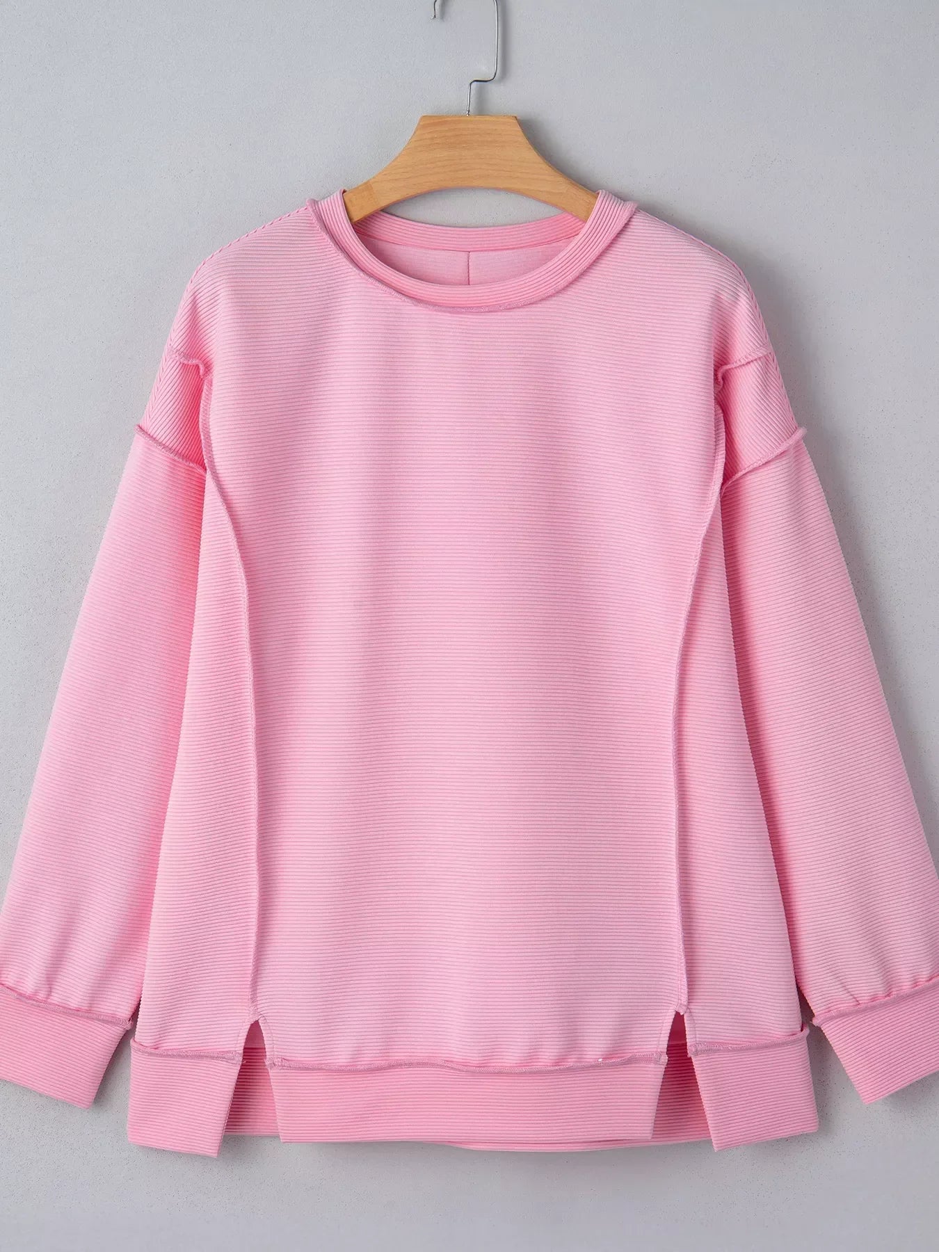 Blush Pink Horizontal Ribbed Drop Shoulder Baggy Pullover – Exposed Seam Detail