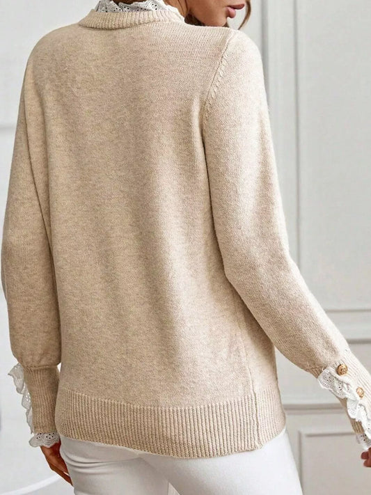 Lace Trim Button Cuff Long Sleeve Sweater