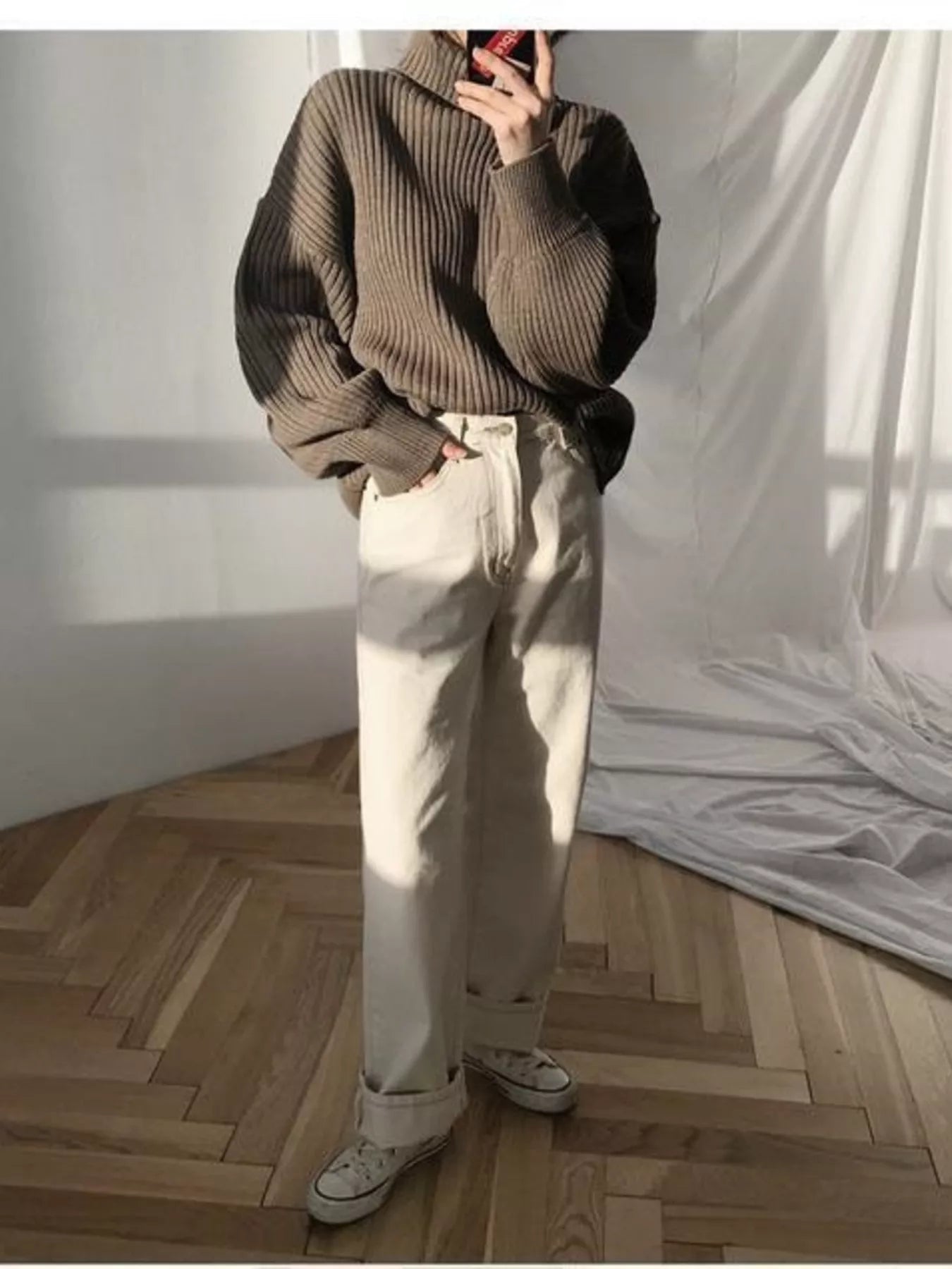 Full Size Oversized Turtleneck Ribbed Knit Sweater Plus Size