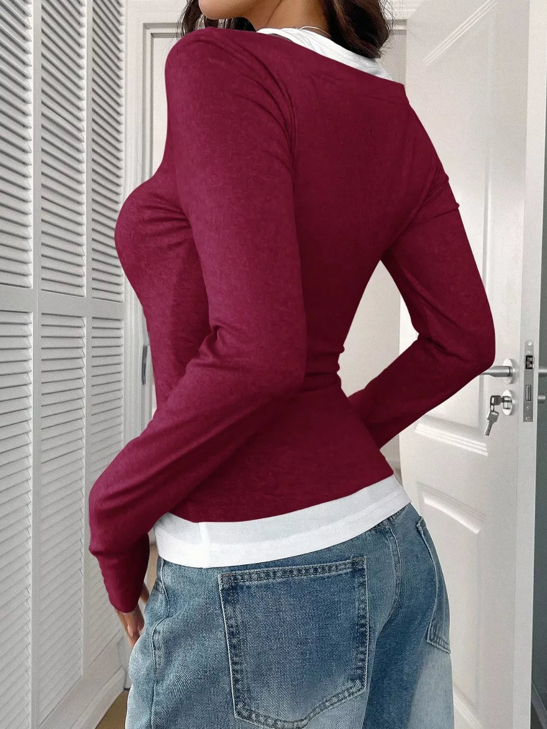 Contrast Long Sleeve Fake Two-Piece T-Shirt