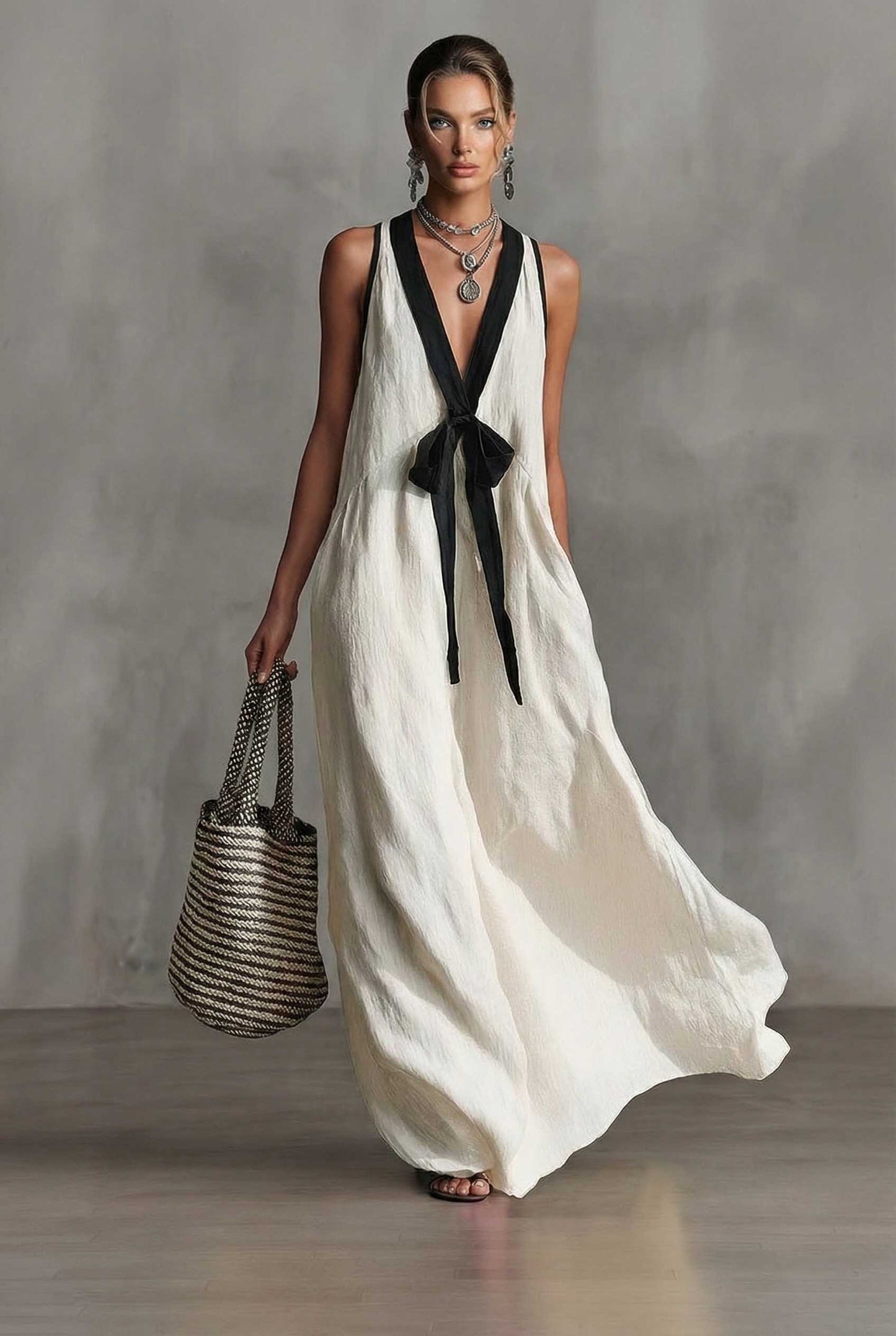 V-neck Bow-Knot A- Line Dress White