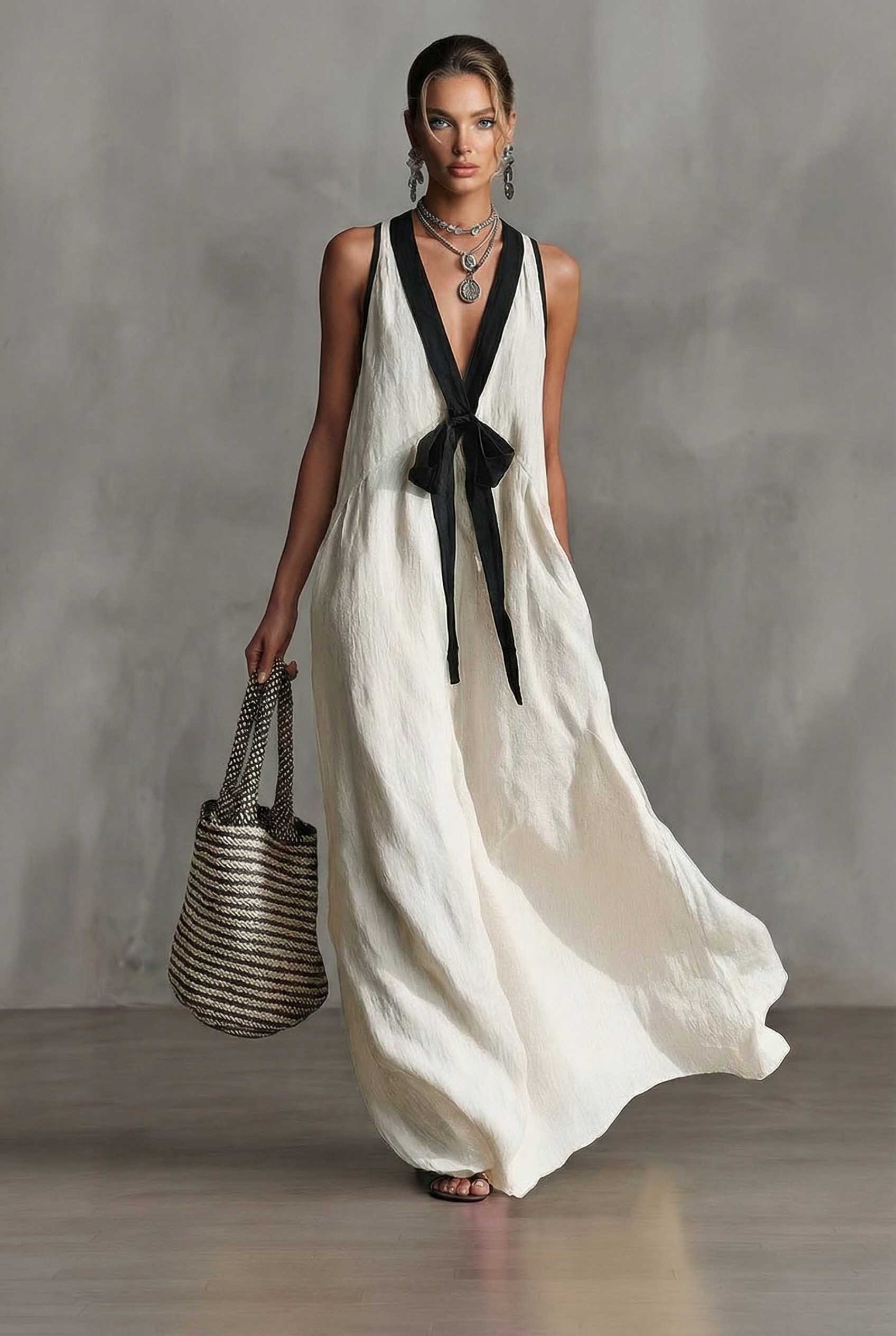 V-neck Bow-Knot A- Line Dress White