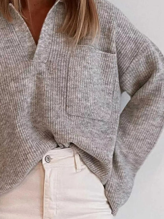 Full Size Johnny Collar Dropped Shoulder Sweater Plus Size