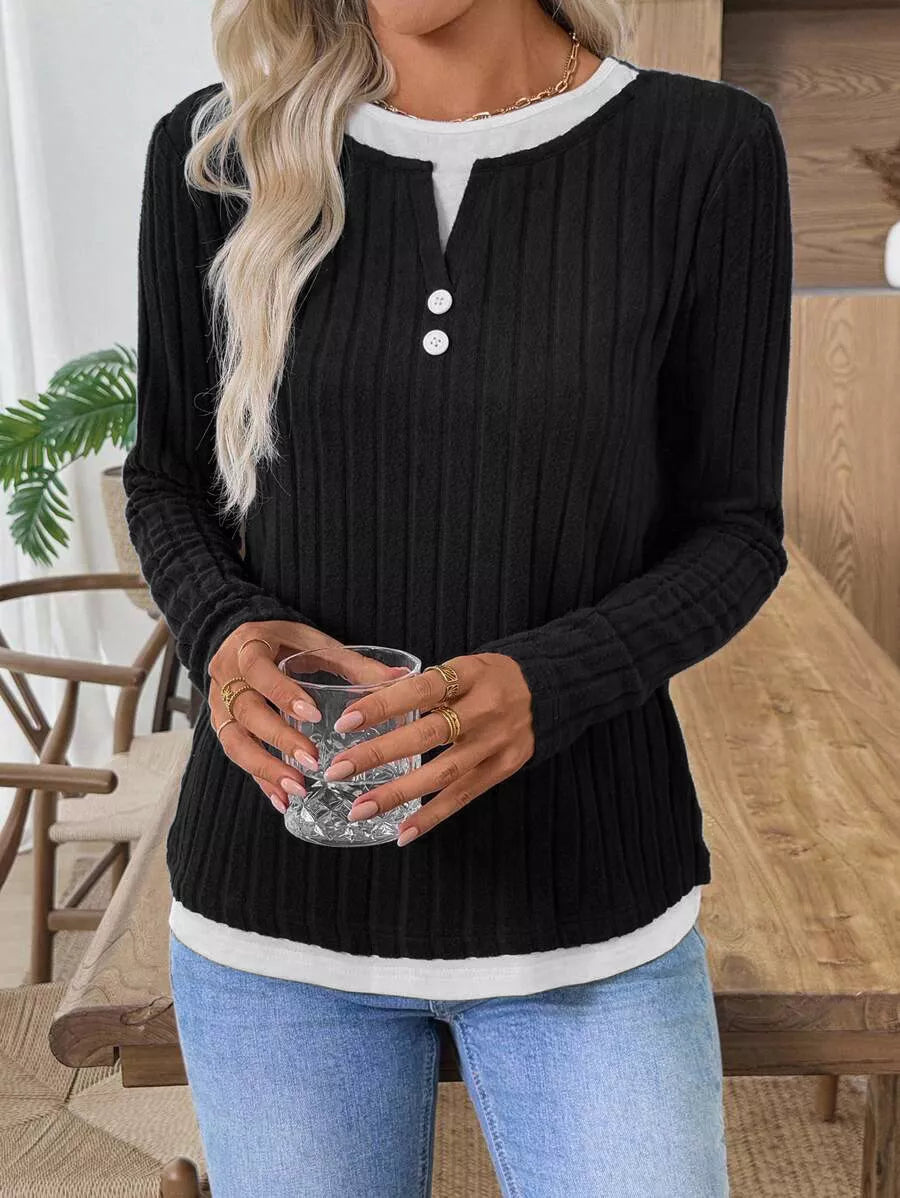 Ribbed Knit Long Sleeve Henley T-Shirt