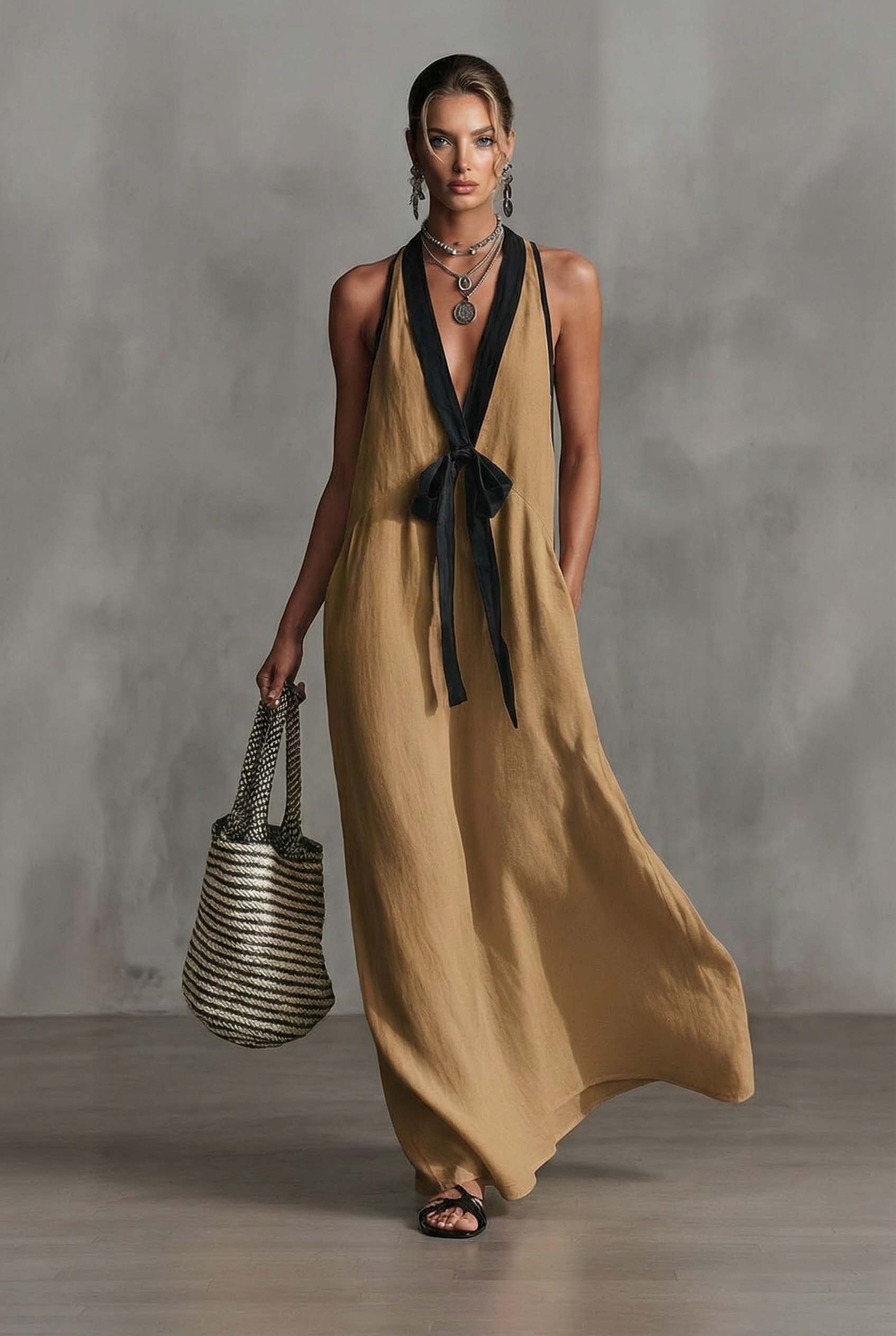 V-neck Bow-Knot A- Line Dress Brown