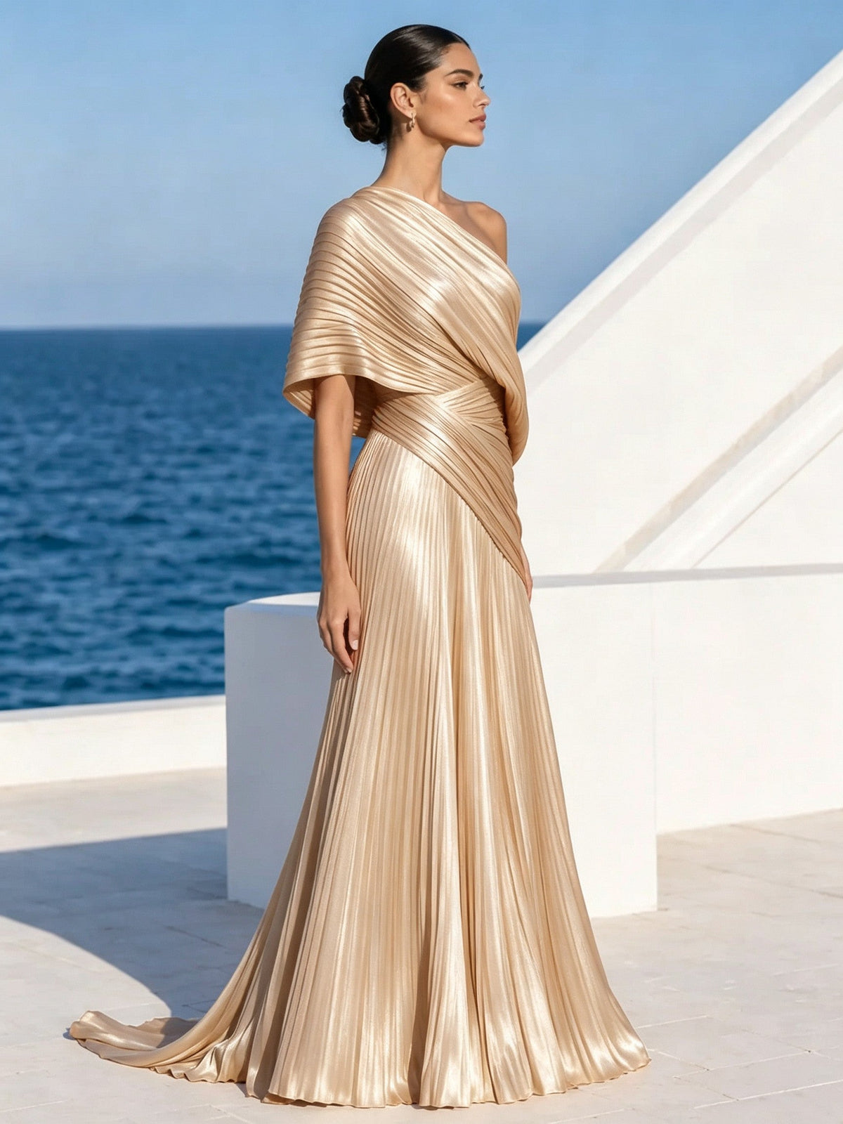 Vibrant Orange One-Shoulder Pleated Maxi Dress – Grecian Gown