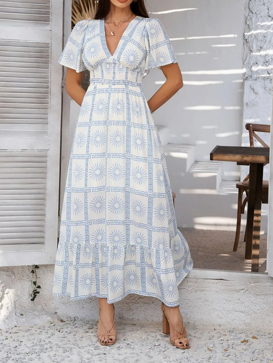 Devine Smocked Printed V-Neck Short Sleeve Maxi Dress