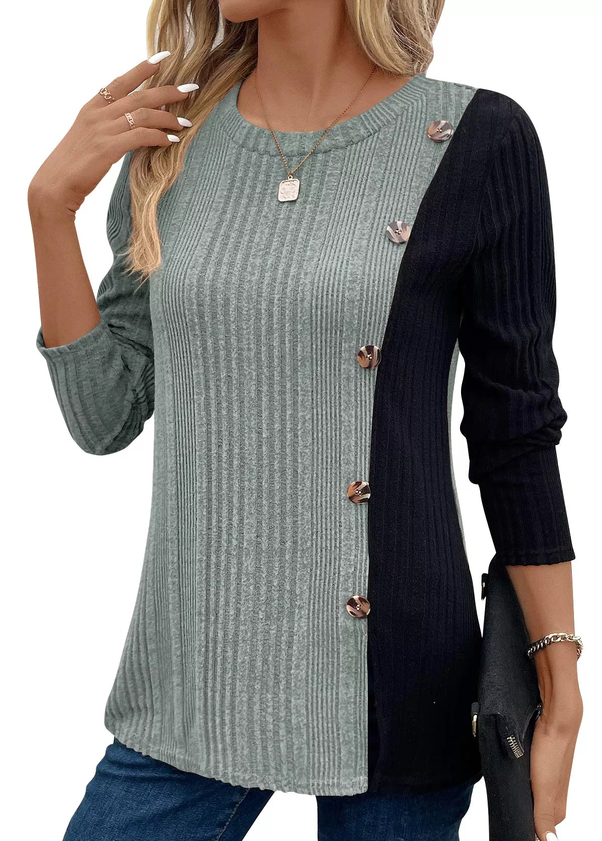 Color Block Ribbed Knit Decor Button T-Shirt Sage