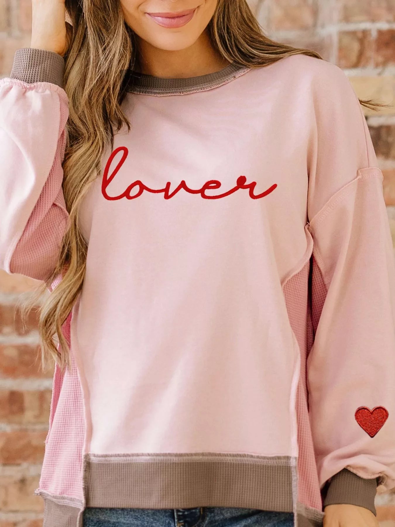 Valentines Color Block Patchwork Lovers Embroidered Letter Sweatshirt