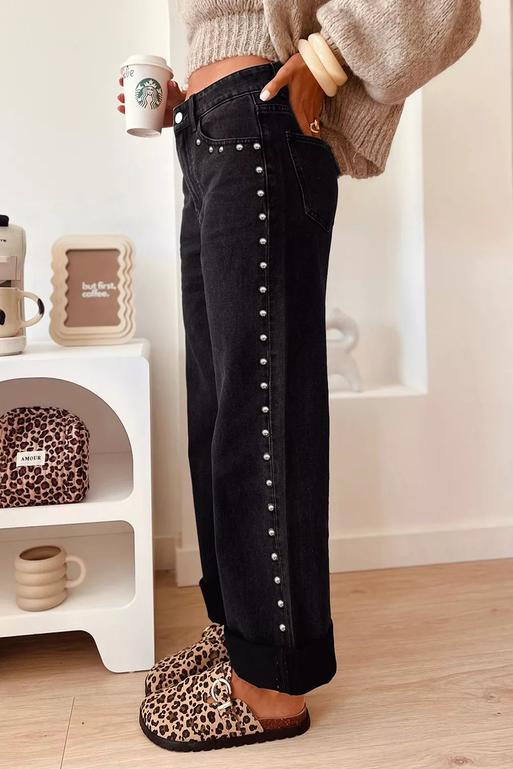 Studded Detail Straight Leg Casual Loose Jeans