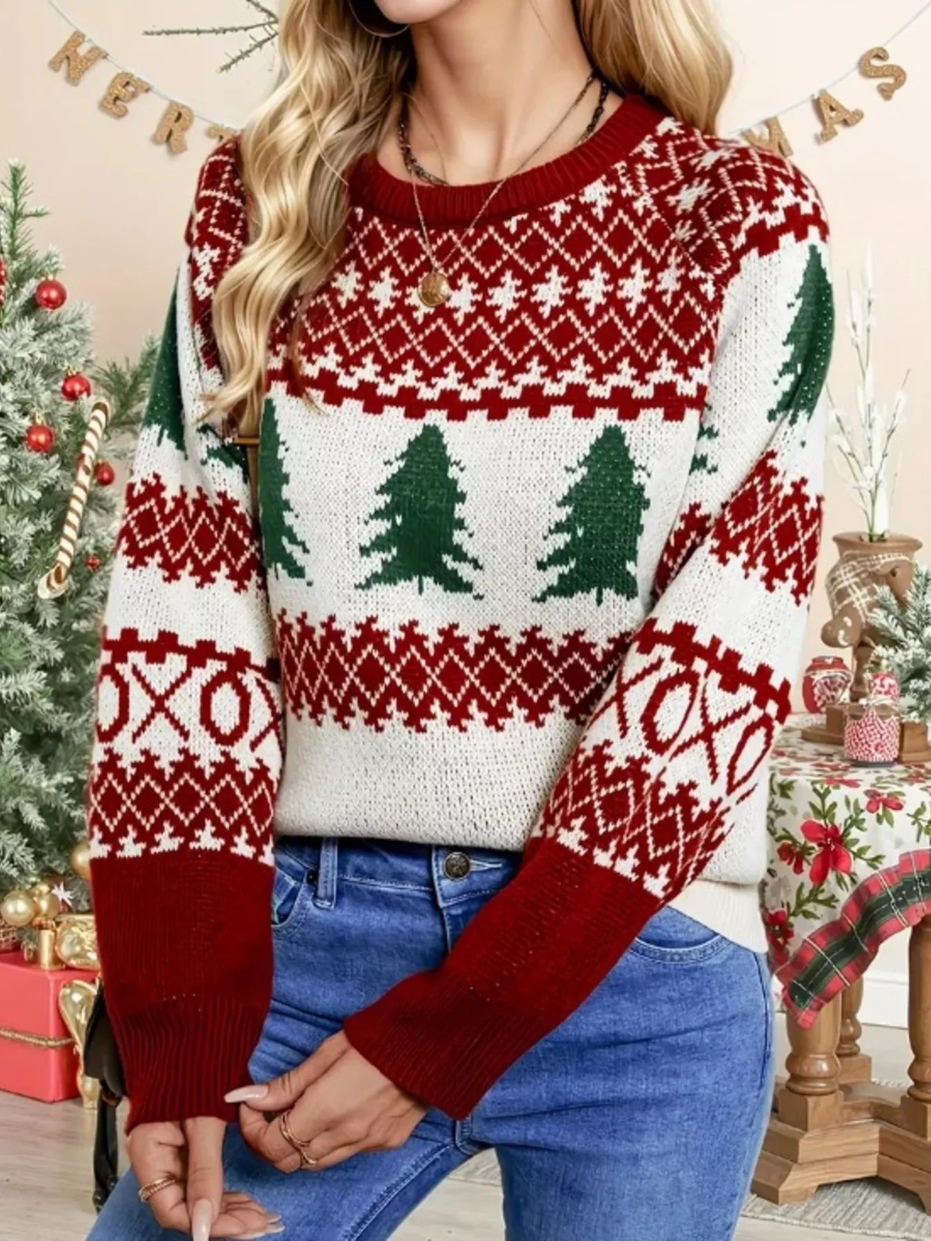 Christmas Tree Pattern Round Neck Sweater