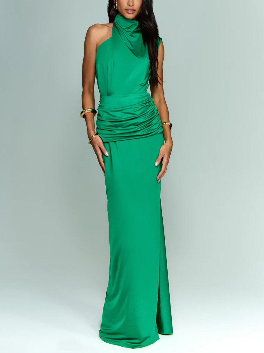 Elegant Asymmetric Neckline Pleated Party Maxi Dress Green