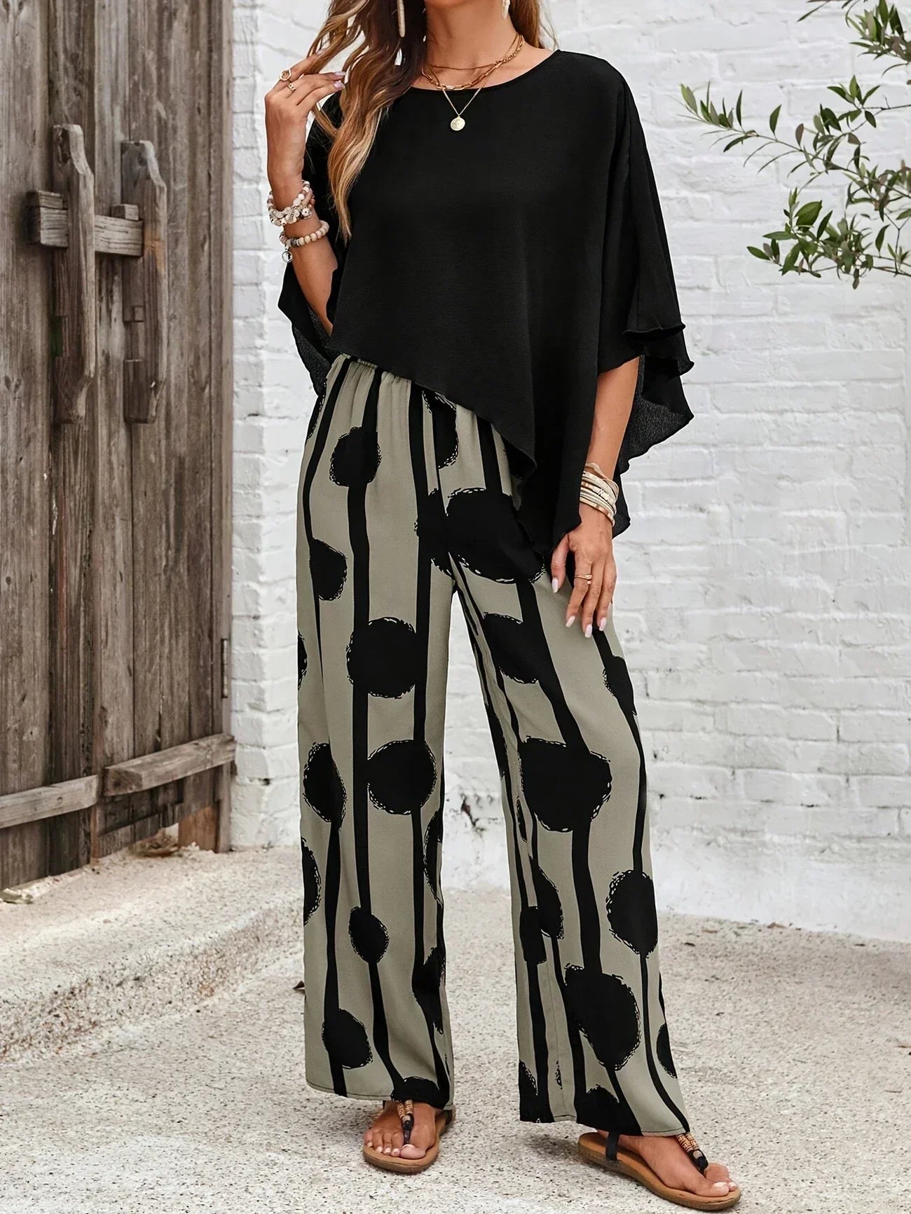 Milavie | Women’s Asymmetric Top and Printed Pant Set