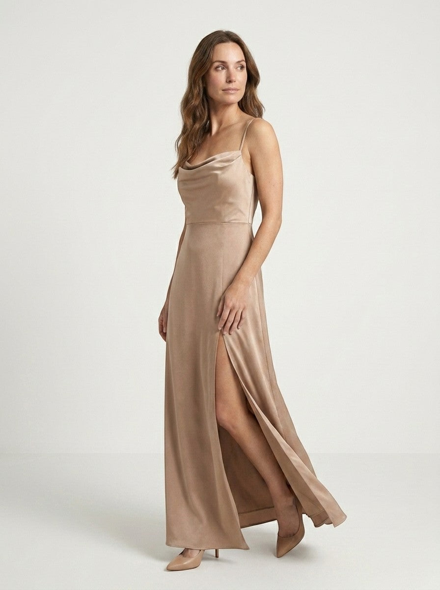 Charlotte — Elegant Sleeveless Maxi Dress With Draped Neckline Evening Gown brown