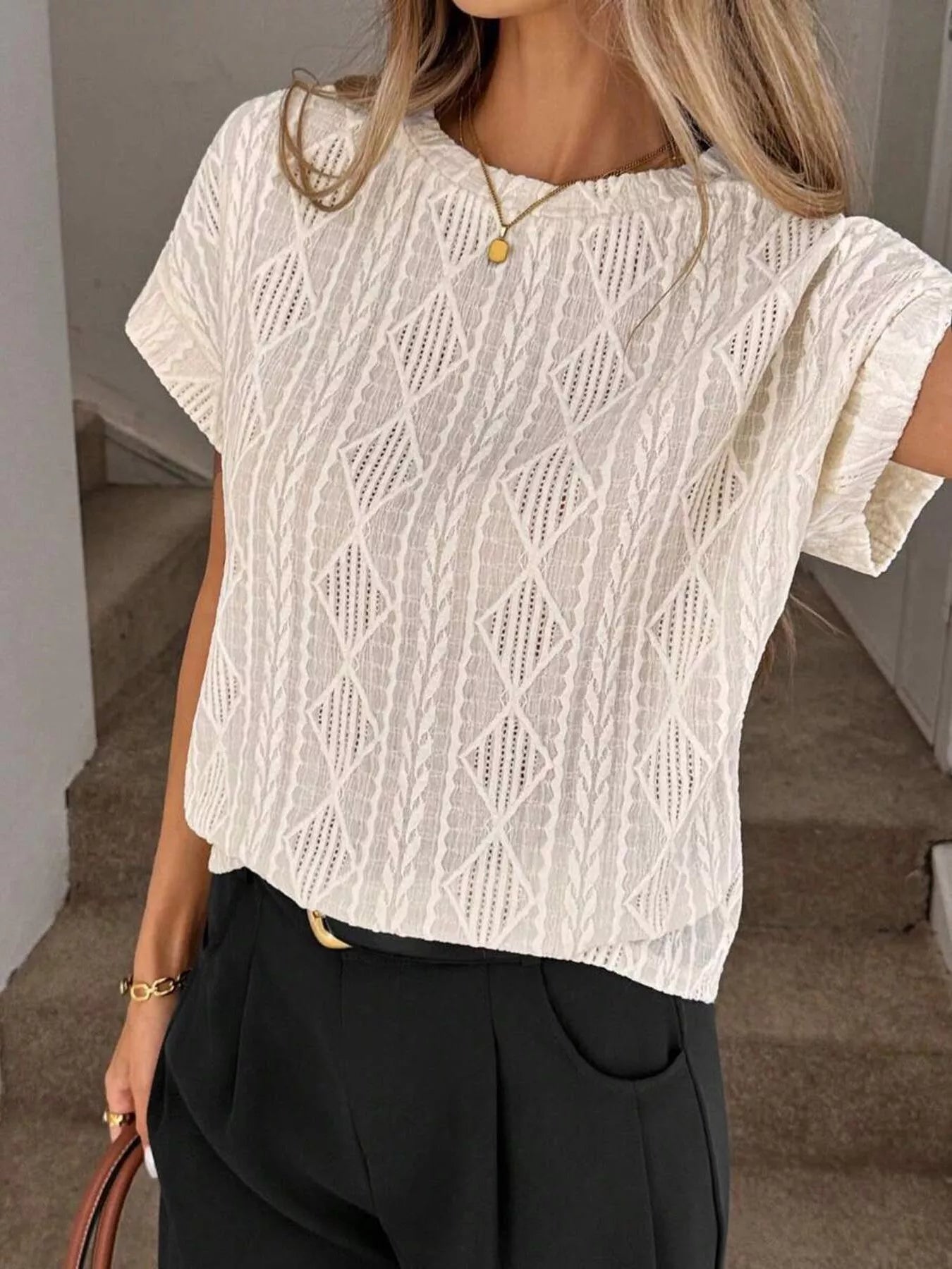 Diamond Pattern Round Neck Top